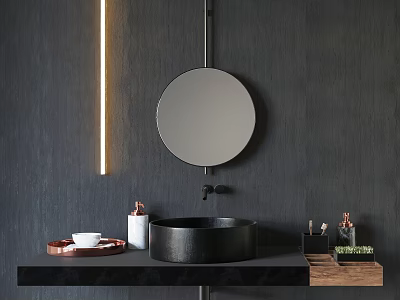 Modern Bathroom With Black Washbasin Round Mirror Black Wall Countertop And Cosmetics 3d model