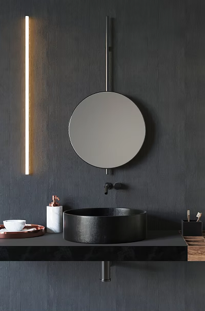 Modern Bathroom With Black Washbasin Round Mirror Black Wall Countertop And Cosmetics 3d model