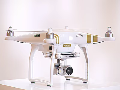 Smart White Drone With Gold Stripes Four Propellers And Camera Technology Design 3d model