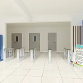 Public Facility Interior With White Tiled Floor Square Ceiling Lights Turnstiles Blue Lockers And Staircase