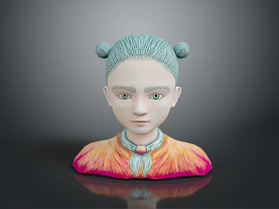Woman Sculpture Bust with Light Blue Buns Green Collar and Orange Pink Gradient Clothing 3d model