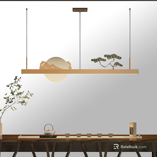 Wooden Rectangular Chandelier With Mountain Pattern And Pine Tree Ornament For Zen Space 3d model