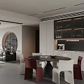 Modern Living Dining Room With White Gray Scheme Black Leather Sofa Red Chairs Round Table