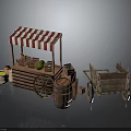 Vintage Wooden Stall With Red White Striped Awning Barrel Cart And Fruits