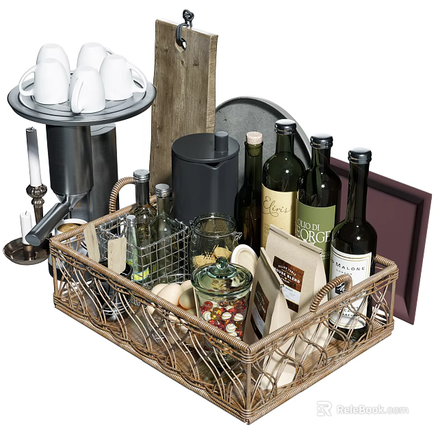 Elegant Wine Bottles And Glasses In Wicker Basket With Coffee Cups Chocolate And Nut Jar 3d model 