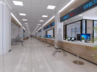 Modern Spacious Service Hall Interior Design With Multiple Service Windows And Computers 3d model