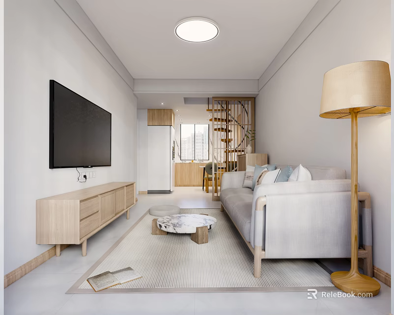Modern Minimalist Living Dining Room With Sofa TV Coffee Table Floor Lamp And Wooden Furniture 3d model 