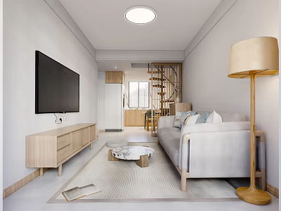 Modern Minimalist Living Dining Room With Sofa TV Coffee Table Floor Lamp And Wooden Furniture 3d model