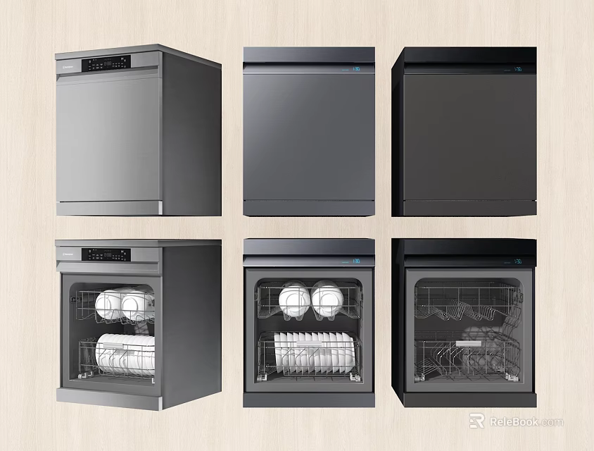 Multiple Modern Kitchen Dishwashers In Gray And Black With Interior Racks And Dishes 3d model