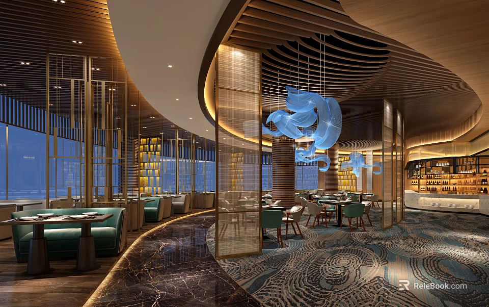 Modern Restaurant Interior Design With Blue Chandelier Green Seats And Marble Floor 3d model 
