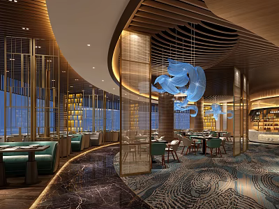 Modern Restaurant Interior Design With Blue Chandelier Green Seats And Marble Floor 3d model