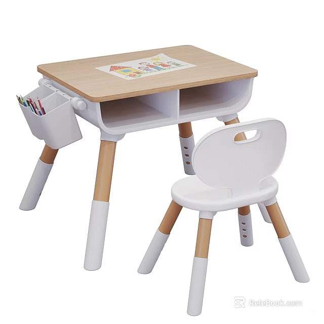 Children's Wooden White Desk With Chair Pencil Holder And Colorful Desktop 3d model 