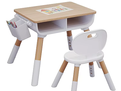 Children's Wooden White Desk With Chair Pencil Holder And Colorful Desktop 3d model