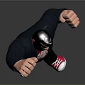 Man In Black Jacket Red T-Shirt Raising Fist With Red Shoes On Grey Background