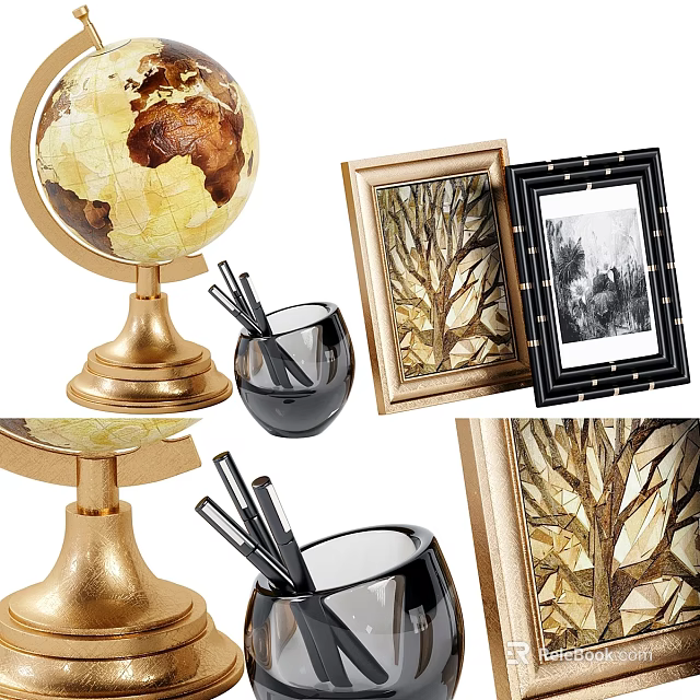 Decorative Ornament Set With Gold Base Globe Picture Frames And Pen Holder 3d model 