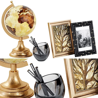 Decorative Ornament Set With Gold Base Globe Picture Frames And Pen Holder 3d model