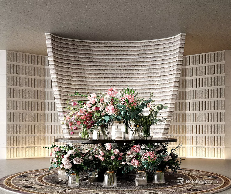 Elegant Reception Desk With Fresh Floral Arrangements And Textured Backdrop Wall 3d model 