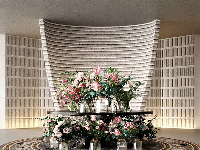 Elegant Reception Desk With Fresh Floral Arrangements And Textured Backdrop Wall 3d model