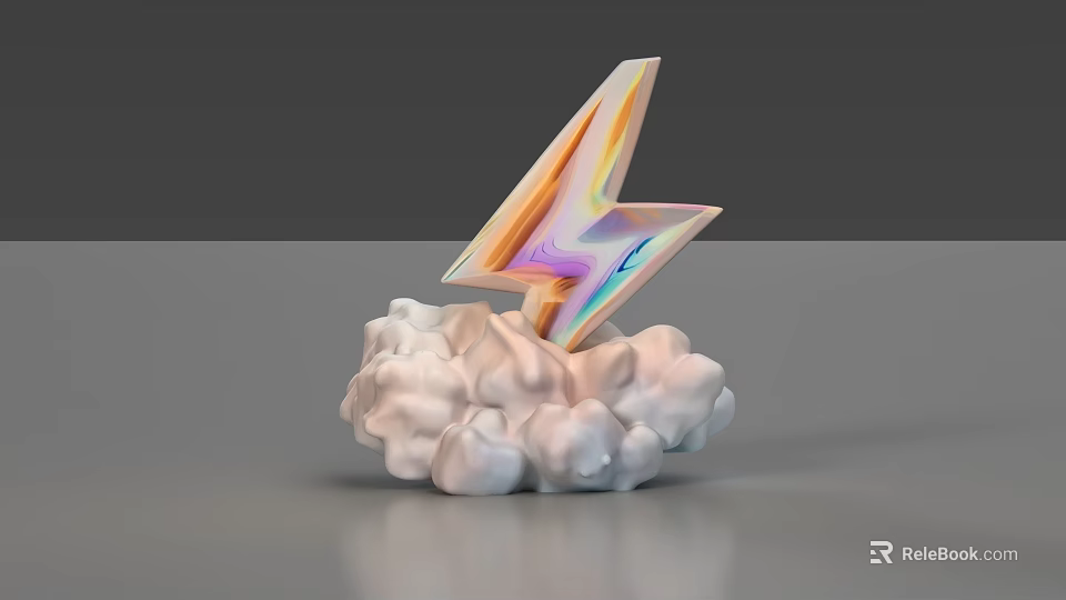 Lightning Bolt Shaped Doll with Iridescent Colors on White Cloud Base Decorative Toy 3d model