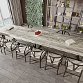 Long Wooden Table And Chairs Set With Scenic Window View Green Plant Wall And Bookshelf