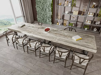 Long Wooden Table And Chairs Set With Scenic Window View Green Plant Wall And Bookshelf 3d model
