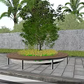 Circular Landscape Bench with Central Tree Greenery Gray Brick Wall Paved Ground and Palm Trees 3d model