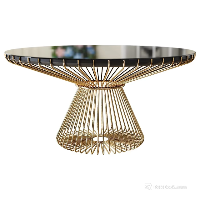 Modern Round Dining Table With Black Glass Top And Golden Wireframe Base 3d model 