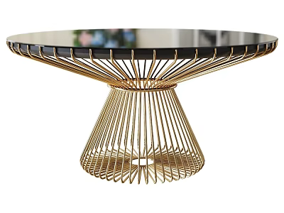 Modern Round Dining Table With Black Glass Top And Golden Wireframe Base 3d model