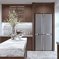 Chinese Style Kitchen Interior With Dark Wood Cabinets Marble Island And Glass Door Upper Cabinets