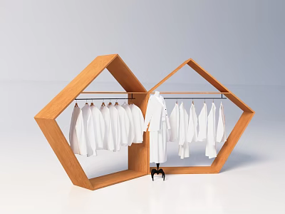 Modern Wooden Hexagonal Display Rack Holding White Clothes With Central Black Stand 3d model