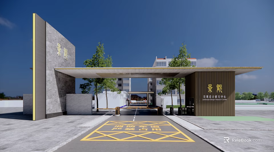 Modern Community Entrance Gate With Canopy Trees And Private Driveway Markings 3d model 
