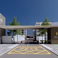 Modern Community Entrance Gate With Canopy Trees And Private Driveway Markings