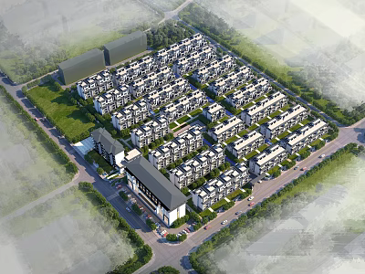 Aerial View of Well Arranged Townhouses with Green Surroundings and Community Layout 3d model