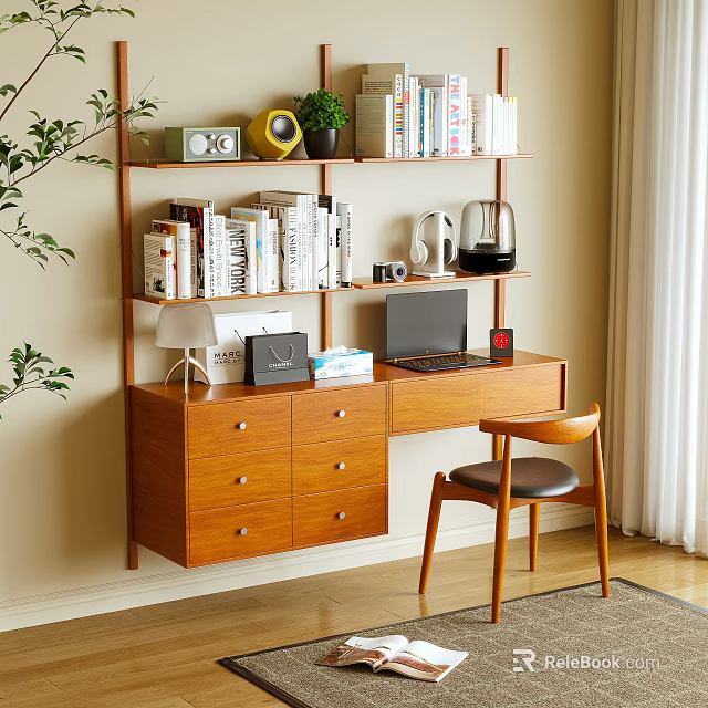 Stylish Wooden Home Office Shelf With Books Potted Plant Radio Laptop And Chair 3d model 