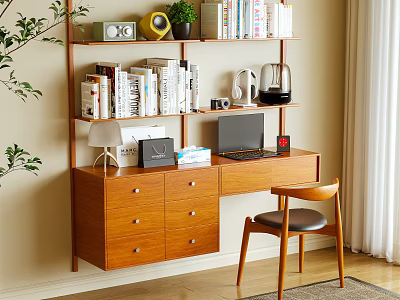 Stylish Wooden Home Office Shelf With Books Potted Plant Radio Laptop And Chair 3d model