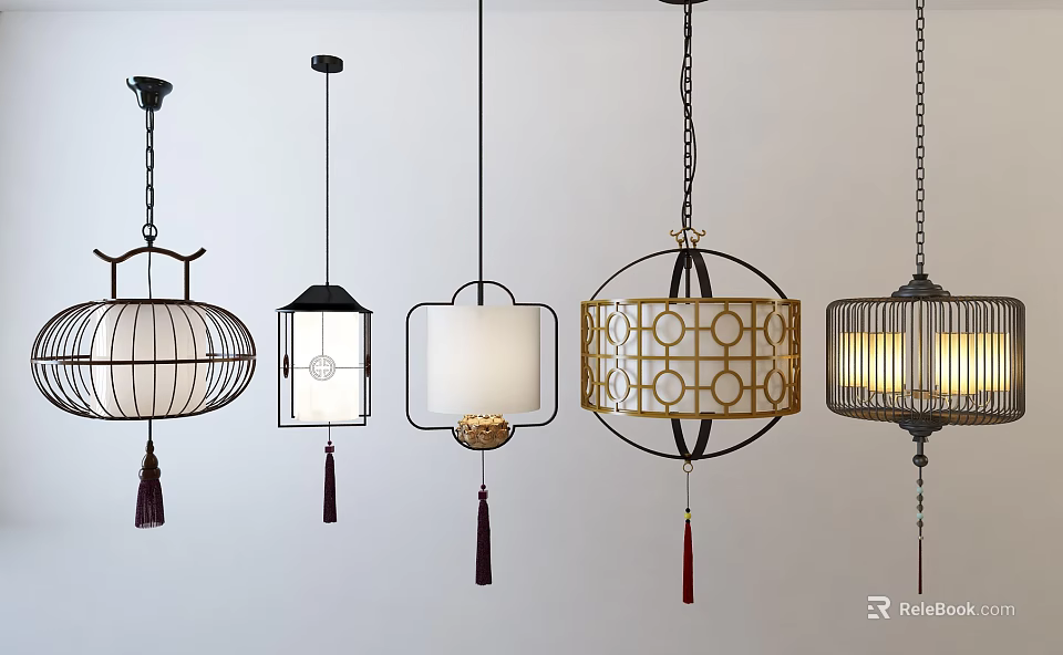 Various Stylish Pendant Lights With Metal Frames Fabric Shades And Tassel Decorations 3d model 