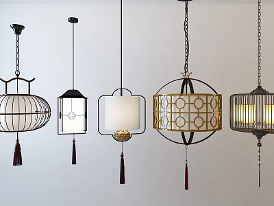Various Stylish Pendant Lights With Metal Frames Fabric Shades And Tassel Decorations 3d model