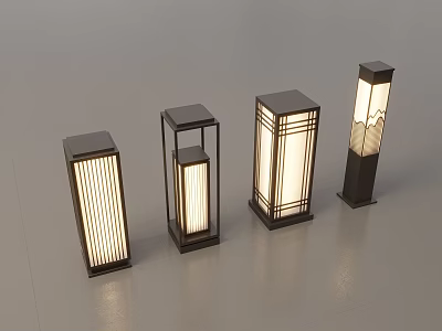 Four Square Shaped Outdoor Lights With Different Decorative Patterns And Illuminated Design In Modern Style 3d model