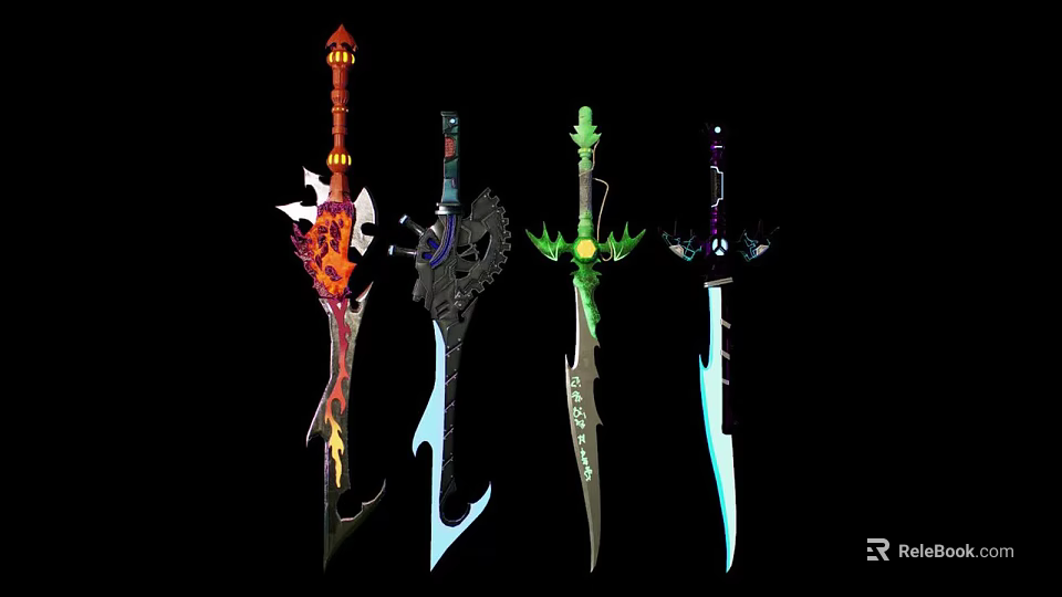 Four Colorful Fantasy Swords With Unique Decorative Designs And Magical Elements 3d model 