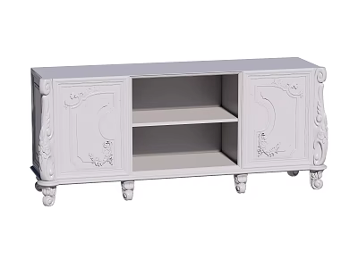White TV Stand With Carved Details Cabinet Doors And Open Shelf Ornate Legs 3d model