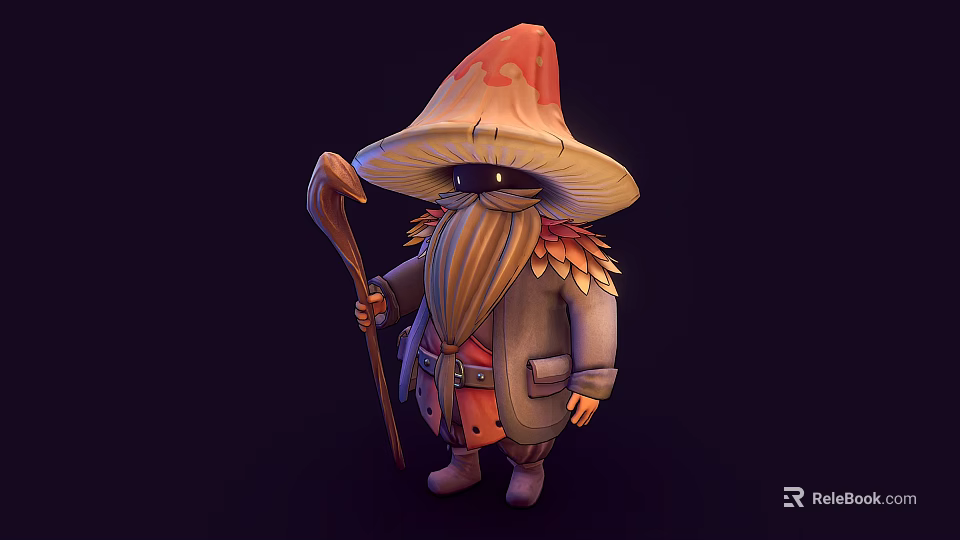 Fantasy Game And Movie Character With Mushroom Hat Long Beard Wooden Staff And Feathered Coat 3d model 