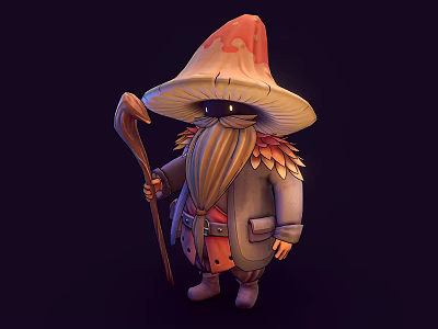 Fantasy Game And Movie Character With Mushroom Hat Long Beard Wooden Staff And Feathered Coat 3d model