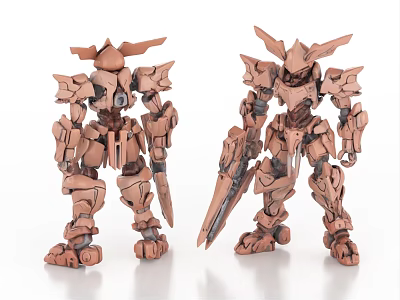 Two Brown Mechanical Robot Action Figures With Sword In Standing Pose 3d model
