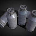 Industrial Equipment With Vintage Metal Milk Cans And Rusty Metal Pipe