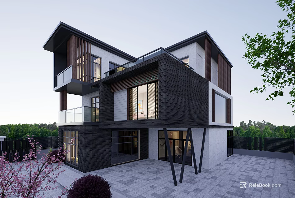 Modern Detached Villa With Black White Exterior Large Windows Balconies And Garden Surroundings 3d model 