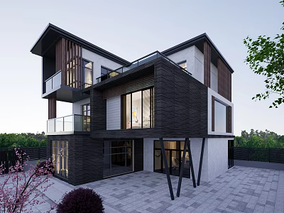 Modern Detached Villa With Black White Exterior Large Windows Balconies And Garden Surroundings 3d model