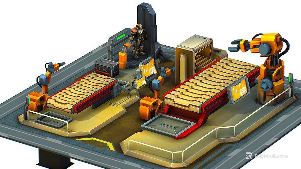 Advanced Industrial Equipment Production Line With Robotic Arms Moving Conveyor Belts And Control Units 3d model 