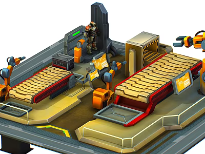 Advanced Industrial Equipment Production Line With Robotic Arms Moving Conveyor Belts And Control Units 3d model