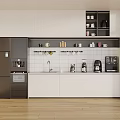 Modern Kitchen With White Cabinets Black Refrigerator Sink Coffee Makers Tile Backsplash Wooden Floor