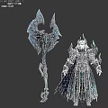 Man In Dark Robe With Blue Accents Horned Helmet Holding Large Weapon From Different Angles